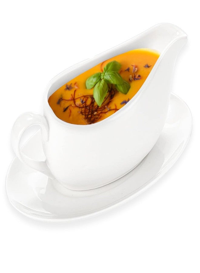 Cheardia 14 oz Gravy Boat with Tray, White Ceramic Sauce Boat with Ergonomic Handle and Big Dripless Lip Spout for Salad Dressings, Creamer, Broth, Black Pepper - Image 1
